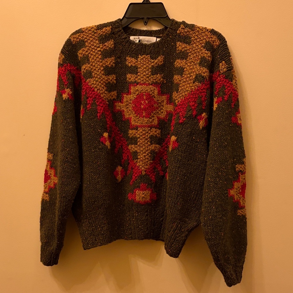 Dana Buchman Olive, Gold and Red Handknit Sweater